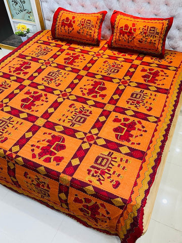 Traditional Kantha Work Double King Size Bedsheet with 2 Zipped Pillow Cover