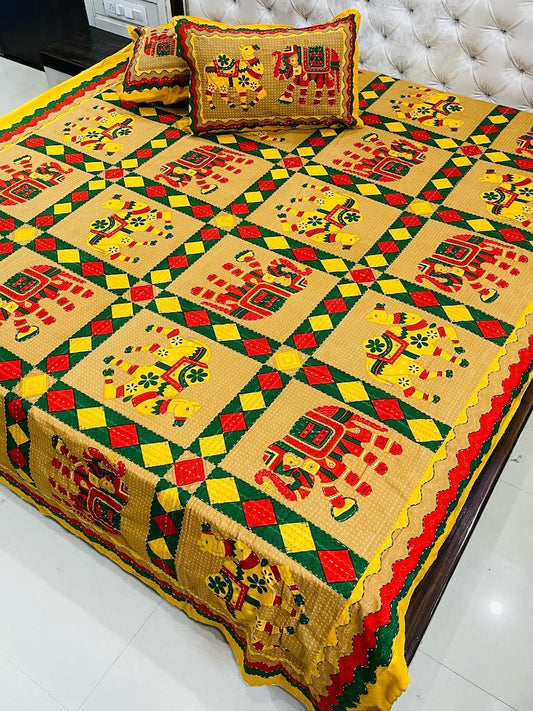Traditional Kantha Work Double King Size Bedsheet with 2 Zipped Pillow Cover