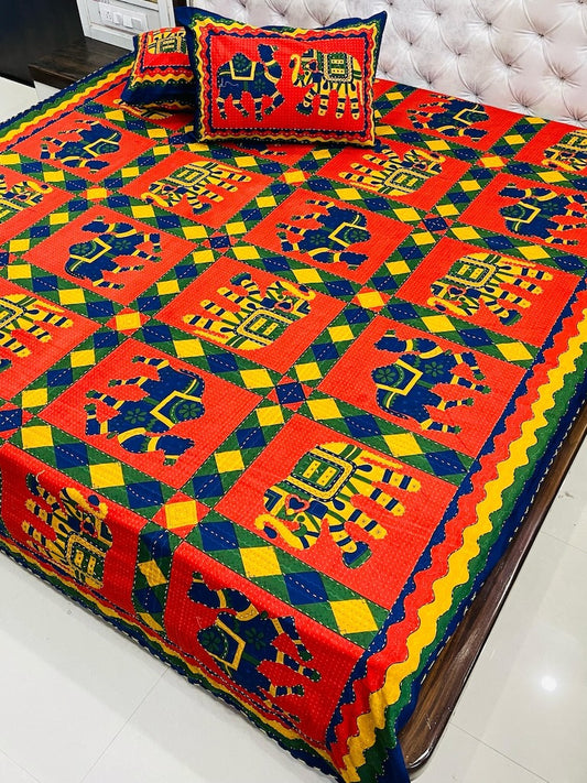 Traditional Kantha Work Double King Size Bedsheet with 2 Zipped Pillow Cover