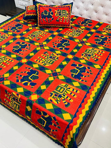 Traditional Kantha Work Double King Size Bedsheet with 2 Zipped Pillow Cover