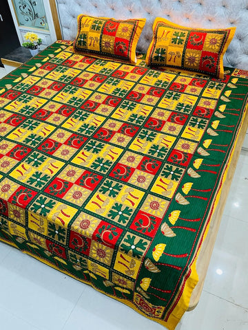 Traditional Kantha Work Double King Size Bedsheet with 2 Zipped Pillow Cover