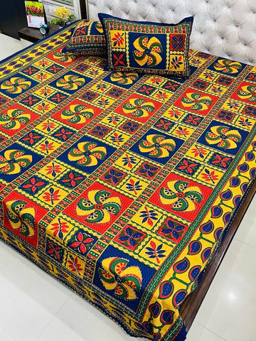 Traditional Kantha Work Double King Size Bedsheet with 2 Zipped Pillow Cover