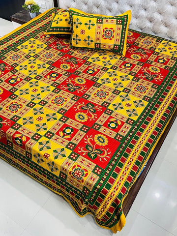 Traditional Kantha Work Double King Size Bedsheet with 2 Zipped Pillow Cover