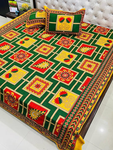 Traditional Kantha Work Double King Size Bedsheet with 2 Zipped Pillow Cover