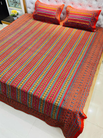 Traditional Kantha Work Double King Size Bedsheet with 2 Zipped Pillow Cover