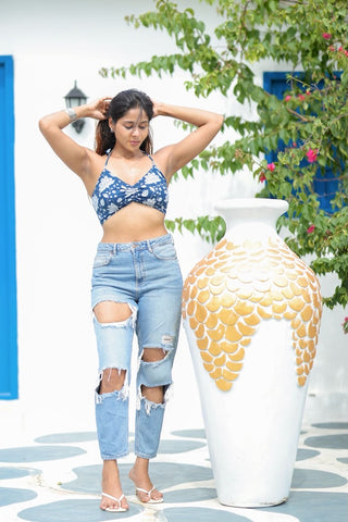 Floral Indigo Print Cotton Lace Bralette X KAVYA