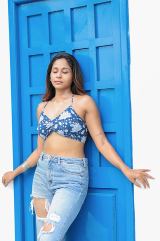Floral Indigo Print Cotton Lace Bralette X KAVYA