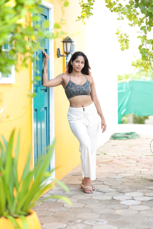Floral Natural Ajrakh Print Cotton Lace Bralette X KAVYA