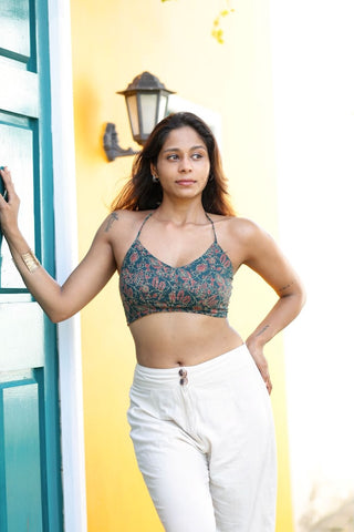 Floral Natural Ajrakh Print Cotton Lace Bralette X KAVYA