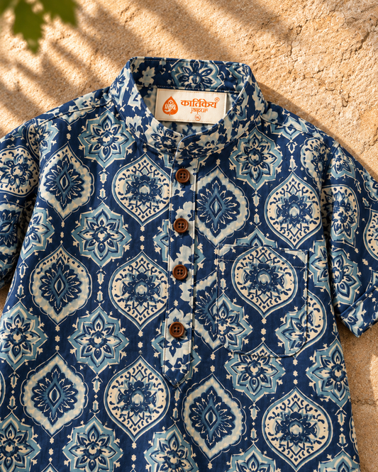 Classic Indigo Print Cotton Short Kurta For Boys