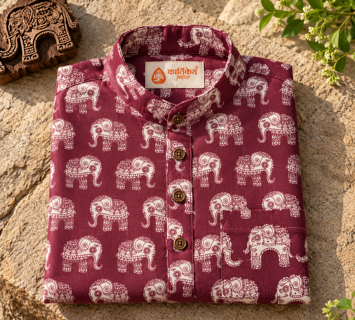 Traditional Elephat Print Cotton Short Kurta For Boys