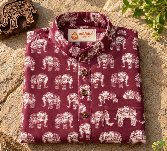 Traditional Elephat Print Cotton Short Kurta For Boys