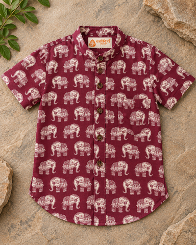 Traditional Elephat Print Cotton Short Kurta For Boys