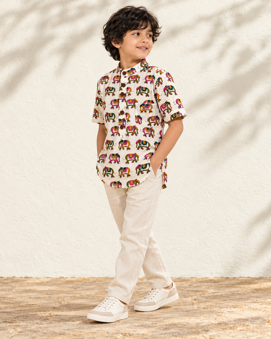Traditional Elephat Print  Cotton Short Kurta For Boys