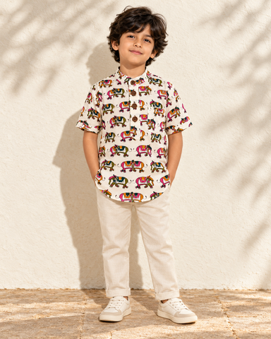 Traditional Elephat Print  Cotton Short Kurta For Boys