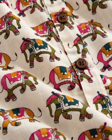 Traditional Elephat Print  Cotton Short Kurta For Boys