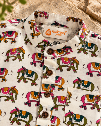 Traditional Elephat Print  Cotton Short Kurta For Boys