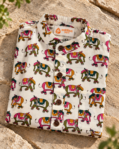 Traditional Elephat Print  Cotton Short Kurta For Boys