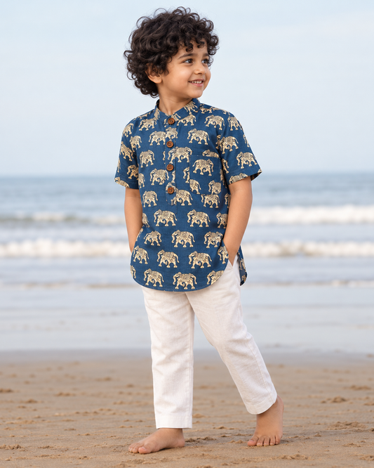Small Elephat Print  Cotton Short Kurta For Boys