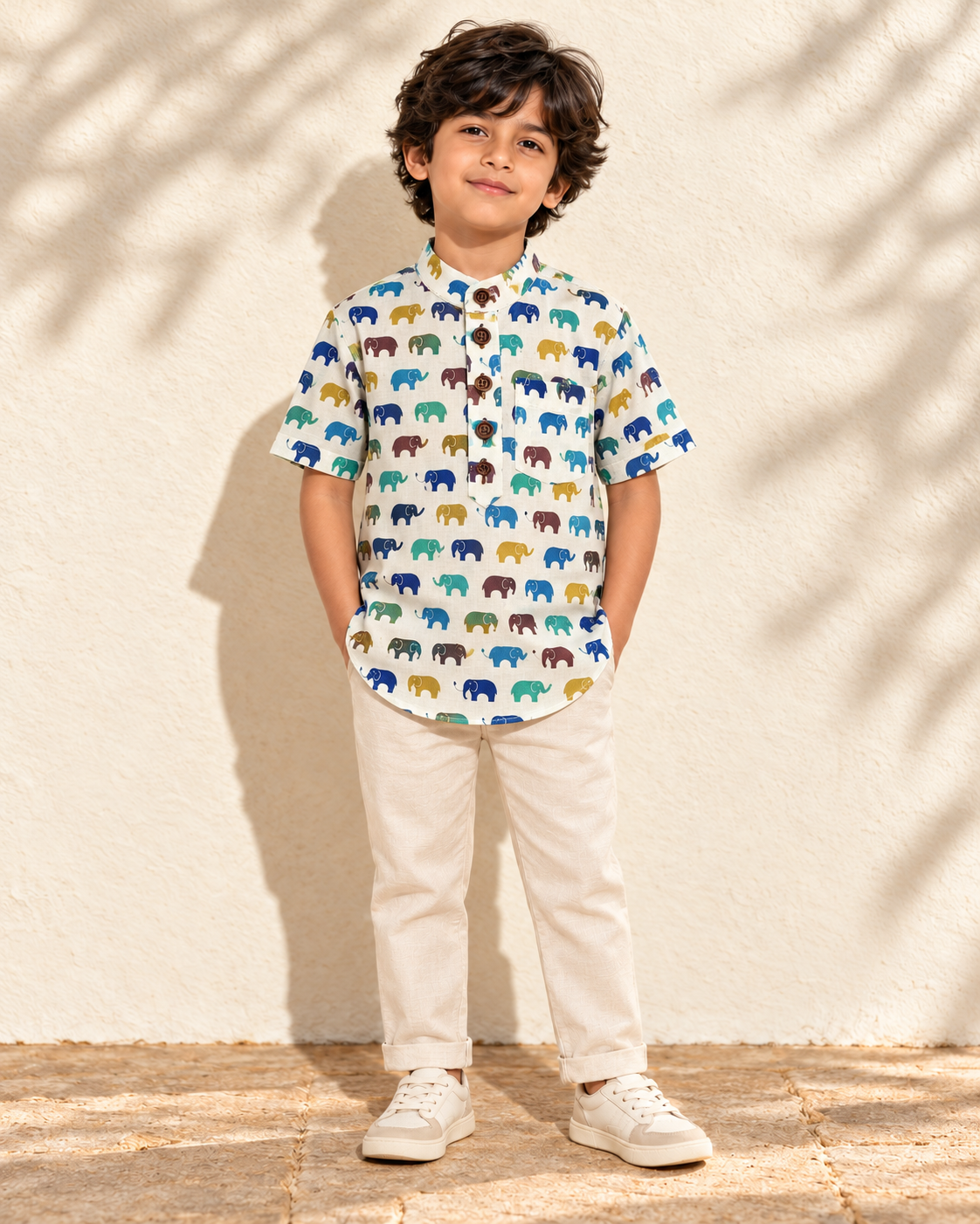 Small Elephat Print  Cotton Short Kurta For Boys