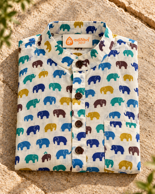 Small Elephat Print  Cotton Short Kurta For Boys