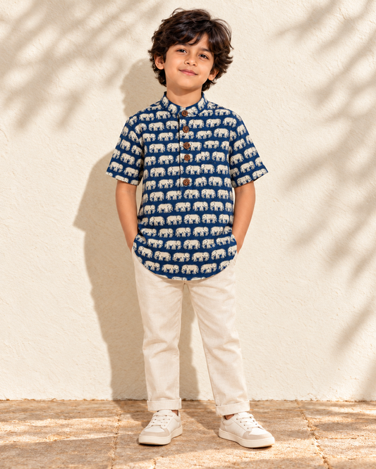 Traditional Print Cotton Short Kurta For Boys