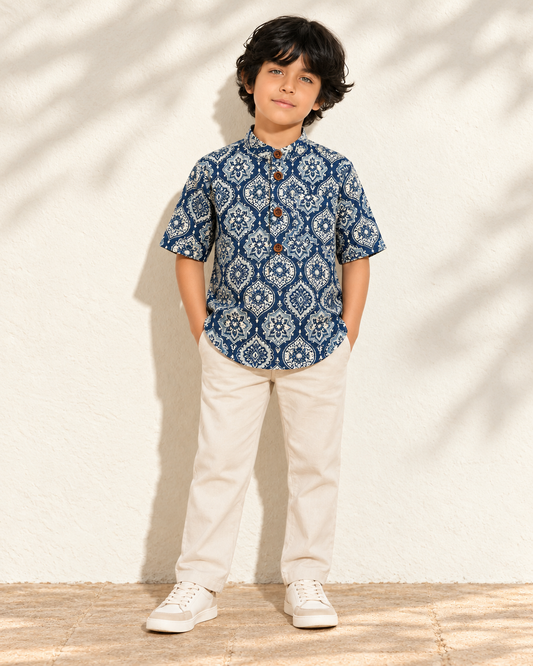 Classic Indigo Print Cotton Short Kurta For Boys