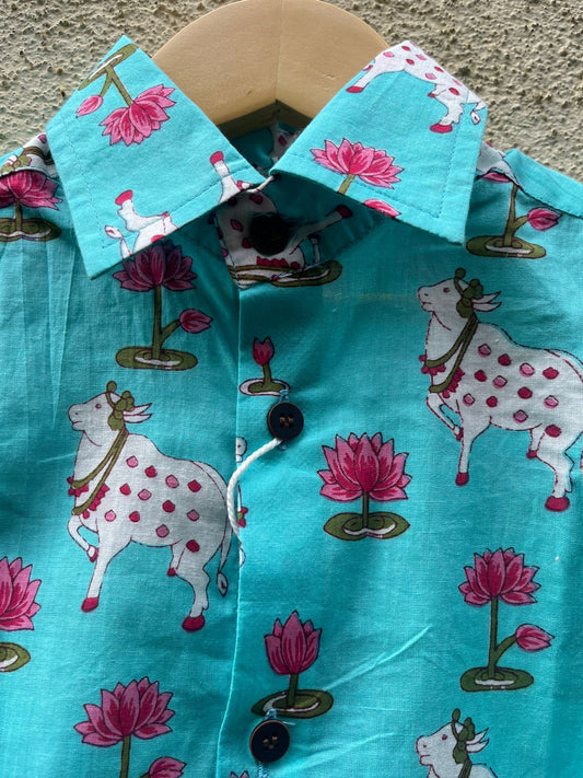Pichwai Cow Half Sleeve Cotton Shirt for Boys
