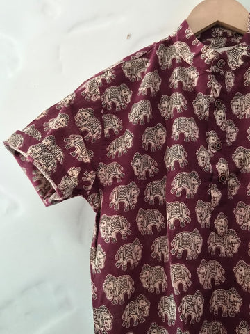 Elephant Print Cotton Short Kurta For Boys