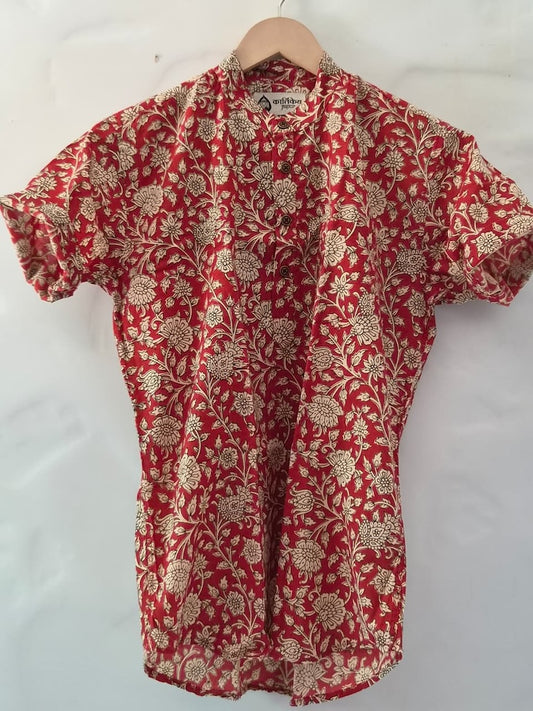 Floral Print Cotton Short Kurta For Boys