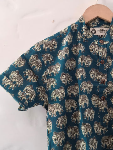 Elephant Print Cotton Short Kurta For Boys