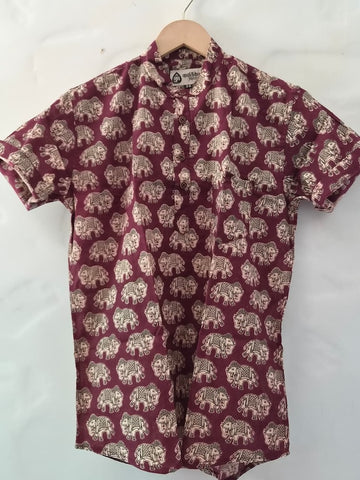 Elephant Print Cotton Short Kurta For Boys