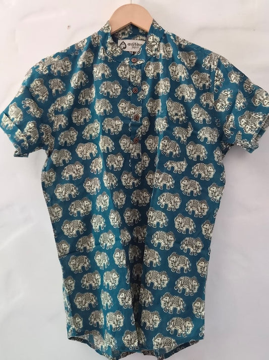 Elephant Print Cotton Short Kurta For Boys