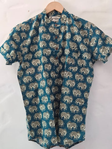 Elephant Print Cotton Short Kurta For Boys