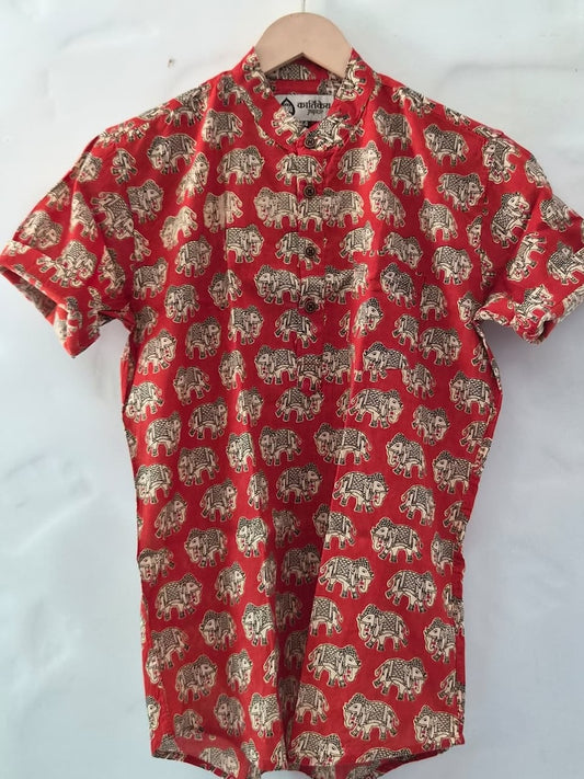Floral Print Cotton Short Kurta For Boys