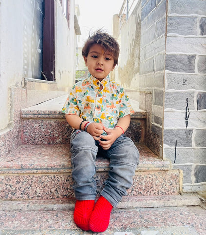 Small Elephat Print  Cotton Short Kurta For Boys
