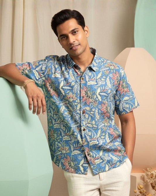 Blue Floral Half Sleeve Shirt for Men