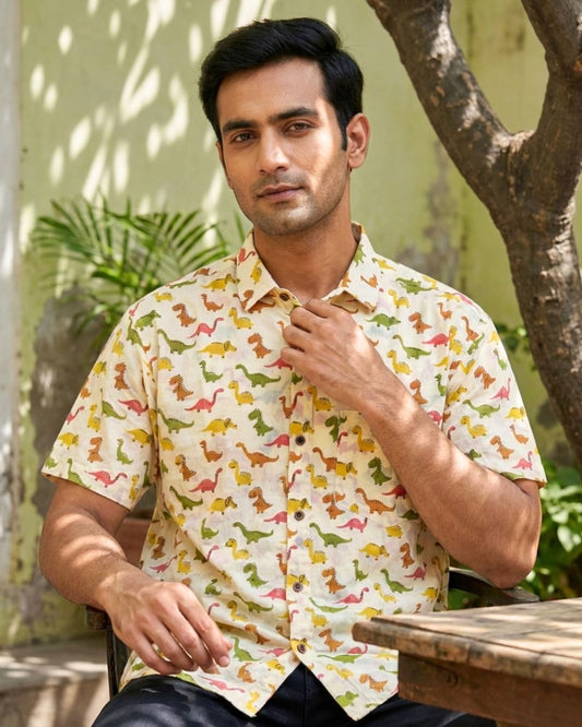 Dino Print Half Sleeve Cotton Men's Shirt