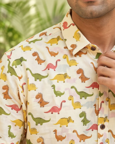 Dino Print Half Sleeve Cotton Men's Shirt