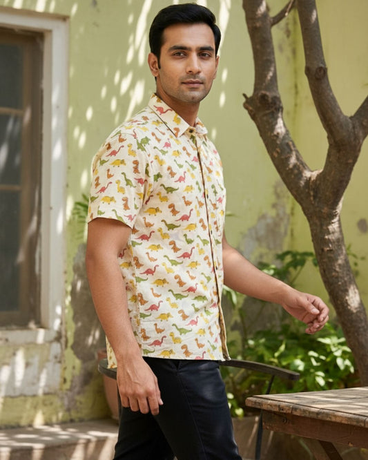 Dino Print Half Sleeve Cotton Men's Shirt