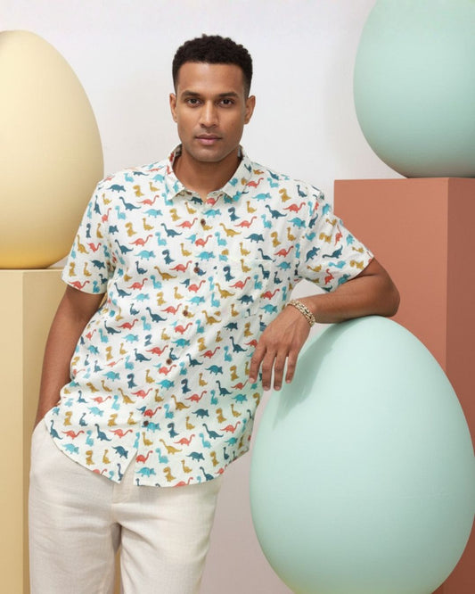 Dino Print Half Sleeve Cotton Men's Shirt