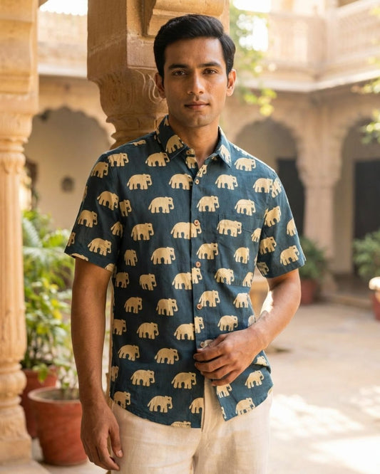 Bottle Green Bold Elephant Print Shirt for Men