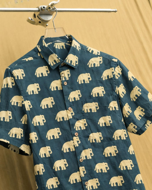 Bottle Green Bold Elephant Print Shirt for Men