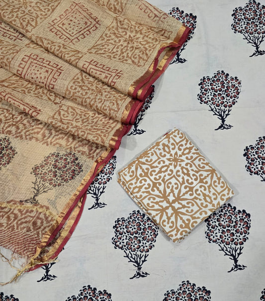 Unstitched Hand Block Print Kota doria Suit