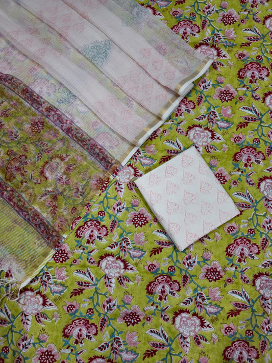 Unstitched Hand Block Print Kota doria Suit