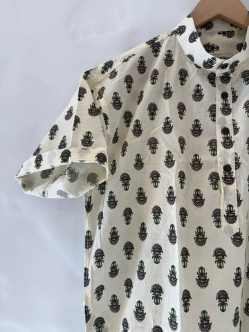 Sanganeri Print Half Sleeve Cotton Short Kurta for Men