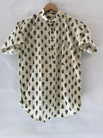 Sanganeri Print Half Sleeve Cotton Short Kurta for Men