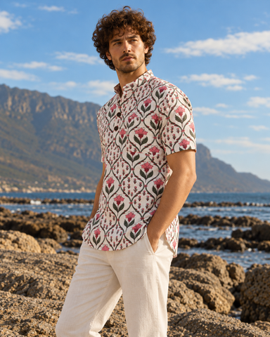 Floral Print Half Sleeve Cotton Short Kurta for Men
