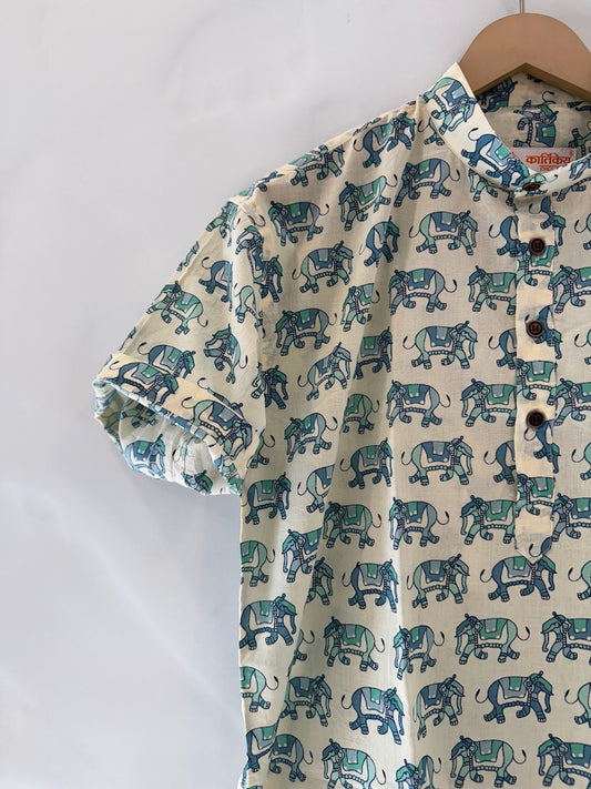 Elephant Print Half Sleeve Cotton Short Kurta for Men