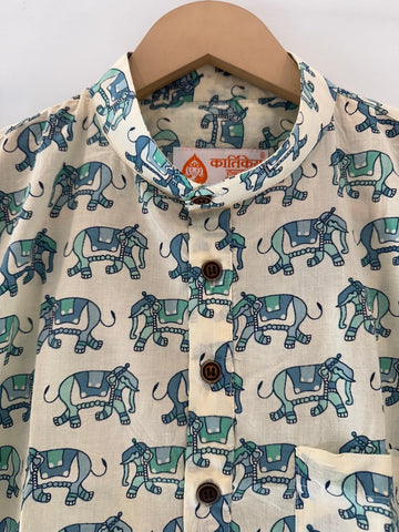 Elephant Print Half Sleeve Cotton Short Kurta for Men